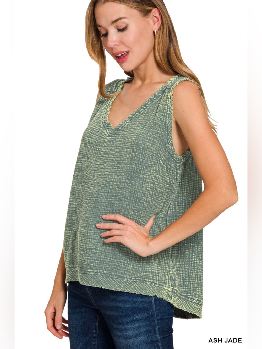 Zenana DOUBLE GAUZE RAW EDGE ACID WASHED TANK TOP